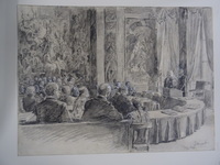 1974-0113-TEK a.jpg; 1974-0113-TEK; Opening van de eerste vredesconferentie in Het Huis Ten Bosch in 1899.; tekeningen